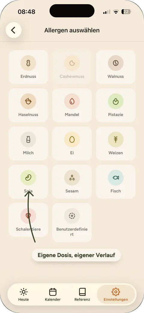 Die Allergenliste, jedes Allergen mit eigener Dosis und eigenem Verlauf.
