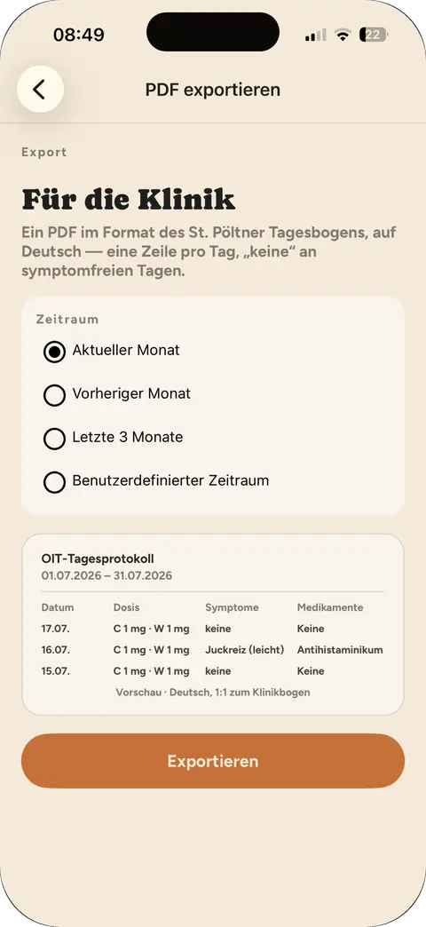 Der PDF-Export für die Klinik mit einer Vorschau des druckfertigen Tagesprotokolls.