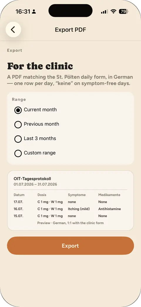 The clinic PDF export screen, previewing the printable daily protocol table.
