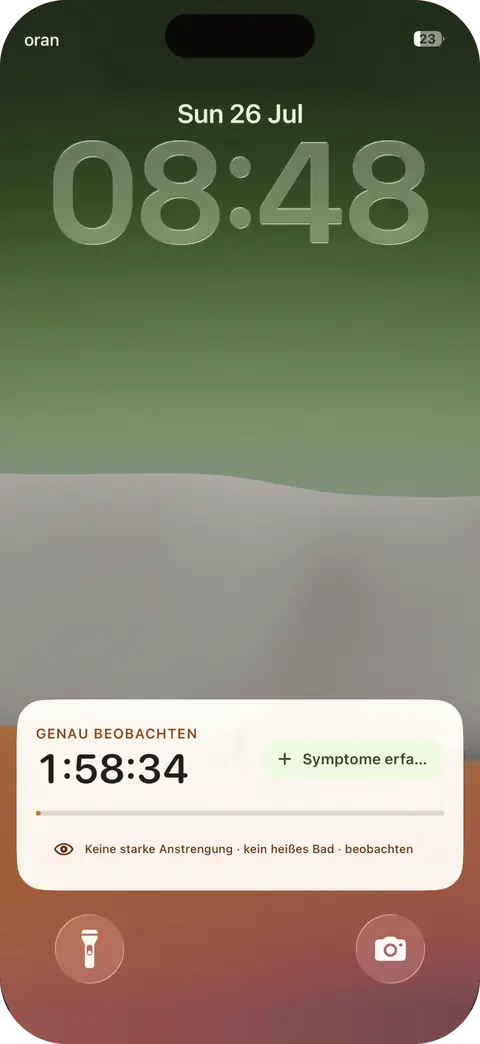 Ein iPhone-Sperrbildschirm mit der Live-Aktivität, die das Beobachtungsfenster herunterzählt.