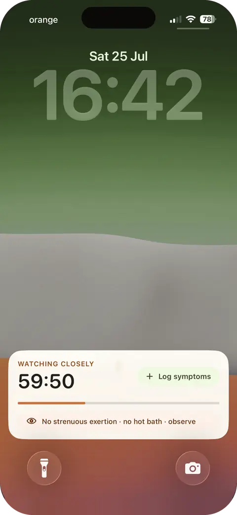 An iPhone lock screen with the observation-window Live Activity counting down.