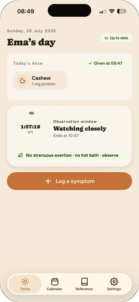 The Today screen: the day's dose logged in two taps, with the observation window running.
